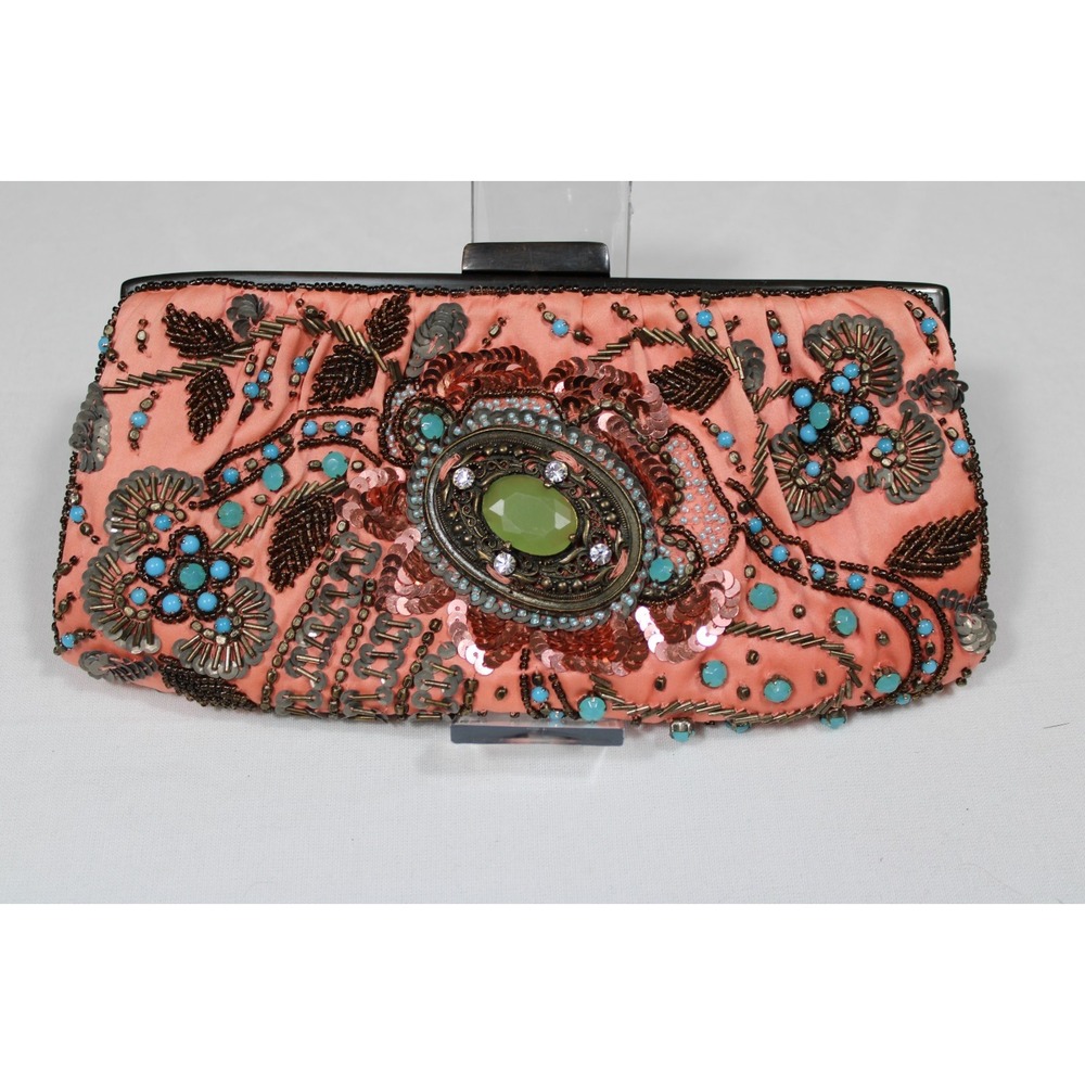 Moyna Couture Beaded Evening Clutch Peach Turquoise Frame Bag Statement Purse